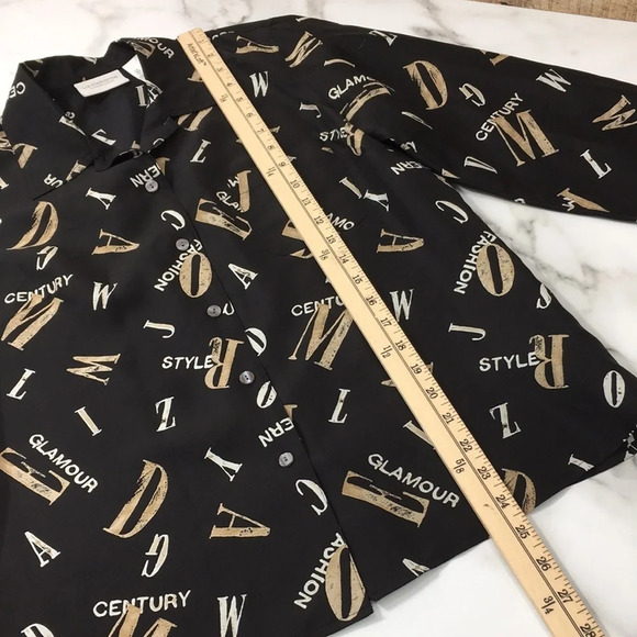 Liz Claiborne VTG 90s Black Cream Printed Button‎ Front Silk Shirt Womens Small - Picture 9 of 11